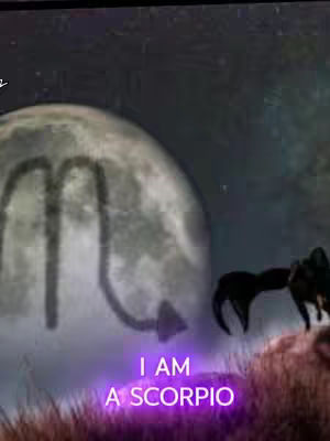 The image features a night sky with a large, glowing moon containing the Scorpio symbol. A black scorpion silhouette is visible on the right, with text overlayed at the bottom.