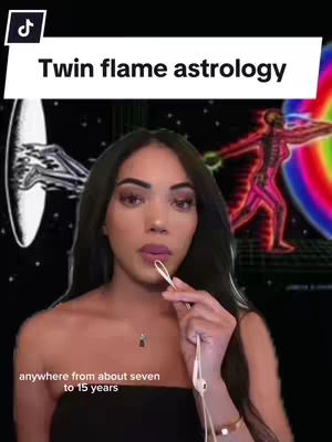 A woman with dark hair holds a cord of white earbuds, against a background with visuals of astrology concepts and a space scene. The woman is fair-skinned with a slight smile and neutral expression, wearing a black top and a necklace. Text overlay with the video's topic is at the top, and a text below.