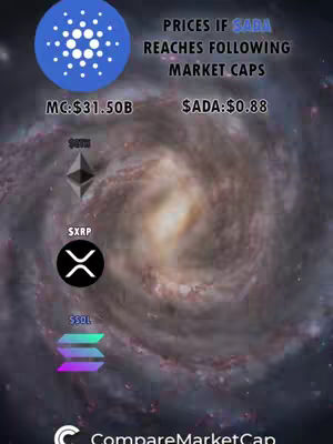 The cover image displays a cosmic background with cryptocurrency logos and text overlayed. The central focus is a galaxy-like swirl, and various crypto symbols are positioned around it, including ADA, ETH, XRP, and SOL. Text provides financial data related to ADA's potential value based on market caps.