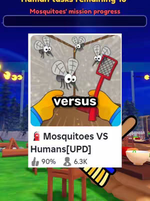 The image is a game screen capture. A central image shows cartoon mosquitoes and a hand holding a fly swatter against a light-colored background within a white frame. Text blocks label details of the game. A person's hand with a blue sleeve and yellow glove appear on the bottom.