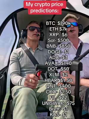 Two men in a helicopter cockpit looking towards the camera, with a list of crypto price predictions overlaid on the image.