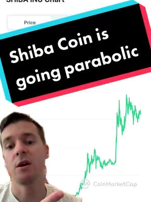 A man is speaking with hand gestures, the lower portion of the image is composed of white. The image has a chart overlay that has a red and blue color scheme that says Shiba Coin is going parabolic.
