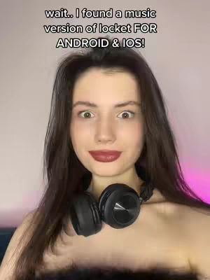 A woman with long dark hair and red lipstick poses with headphones around her neck. Text overlayed on the image states, "wait.. I found a music version of locket FOR ANDROID & IOS!"