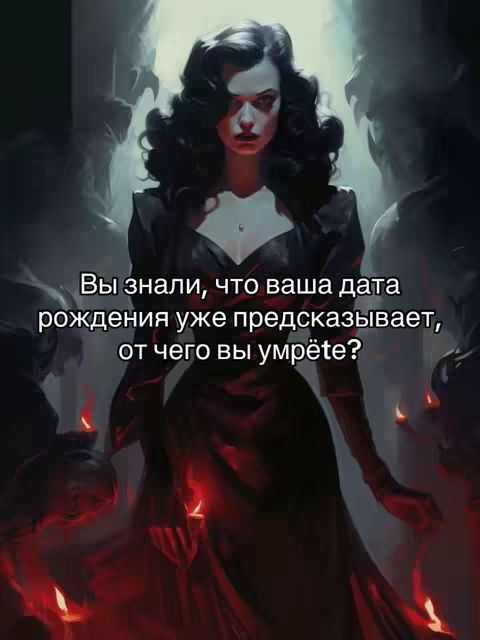 A digitally painted image featuring a woman with dark wavy hair and a somber expression, dressed in a flowing black gown. She's framed against a blurred backdrop of shadowy figures, and lit by soft, diffused light with hints of red, suggesting an eerie or mystical atmosphere. The composition is centered, with the woman taking up most of the frame, creating a strong focal point.