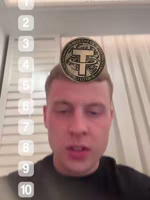 The cover image features a man's face with a coin of the Tether cryptocurrency balanced on his head, against a blurred, neutral background. Numbered boxes from 1 to 10 are vertically placed left of the man’s face.
