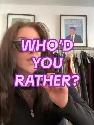 A woman wearing sunglasses is the central figure in the image. Text overlays are prominently displayed. The background contains framed pictures and a clothing rack.