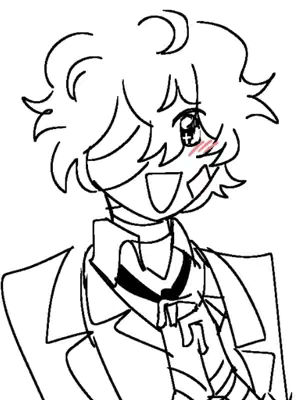 A black and white cartoon drawing of a character with spiky hair and a slightly flushed face. The character is smiling widely, with one eye visible. The drawing is outlined in black and has minimal detail.