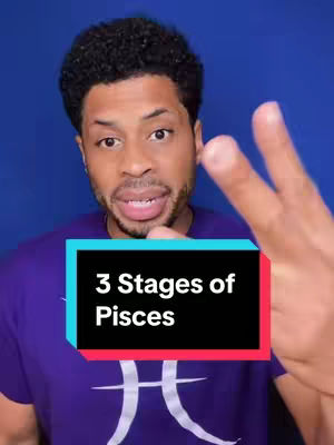 A man with short, dark, curly hair is centered in the frame, set against a solid blue background. He's wearing a purple shirt with a white graphic at the chest. His expression is direct, with slightly parted lips. He holds up three fingers of his right hand. A rectangular overlay with text in white is placed at the bottom of his chest which are the words '3 Stages of Pisces' with a blue and red border.