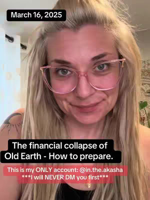 A woman with long blonde hair and pink-framed glasses looks directly at the camera. Text overlays include the date, a title explaining the video's financial focus, and a warning about account verification.