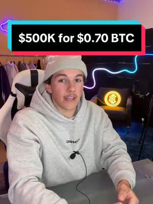 A young man wearing a beanie and gray hoodie is seated in front of a desk, with a neon sign and closet in the background. A text overlay highlights a financial figure.