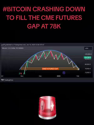 The cover image features a black background with overlaid text in red and a downward-trending technical graph for Bitcoin.  At the bottom, a red siren-like graphic with a flashing light is present. The graph shows a white line chart, with red and green zigzag patterns, reflecting potential price fluctuations. The text at the top warns of a Bitcoin price crash and mentions the CME Futures gap. Overall the image combines financial data with a warning tone.