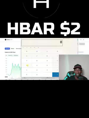 The cover image shows the creator in front of a laptop screen displaying a calculator. Behind the calculator, a price chart is visible. The text reads "HBAR $2" which is prominently displayed in large white letters. The layout is simple, with a dark background and a focus on the creator and the information displayed on the screen.