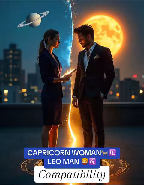 The image is a digital artwork depicting two figures, a woman and a man, standing on what appears to be a rooftop with a cityscape in the background. The woman is on the left, holding a glowing tablet, and the man is on the right. They are separated by a vertical line of bright light or energy. Behind the man is a glowing sun, and above the woman is a planet with rings (Saturn). Below, there's text over a decorative border, labeling them as a 'Capricorn Woman' and a 'Leo Man,' with the word 'Compatibility' underneath. The overall composition uses a gradient of colors, with a night sky and illuminated buildings adding depth.