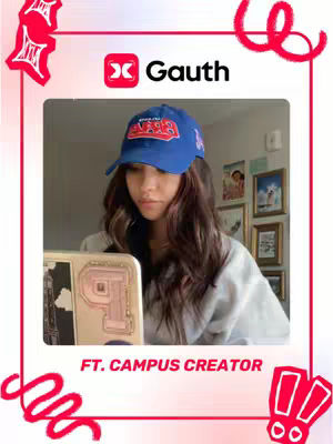 The cover image shows a young woman looking down at a phone or tablet. She is wearing a blue baseball cap with text on it and a grey sweater. The image has a white, pink and red frame with decorative elements. In the upper left and right corners that frame has red curved lines. At the top center is the "X Gauth" logo appears. At the bottom, "FT. CAMPUS CREATOR" is written in a sans-serif font.