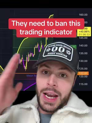 A man with a beard and a baseball cap poses in front of a stock chart that displays market data and statistics. A red text overlay says, "They need to ban this trading indicator".