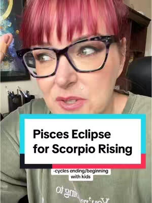 A woman with red hair and glasses is looking at the camera with a slight frown, and a multi-layered text box at the bottom.