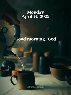 The image captures a calm, inviting scene with a coffee mug being filled with water from a silver kettle. The mug is brown and set on a surface with additional bowls and bottles in the background in a dim area. Text overlays include the date and a morning affirmation.