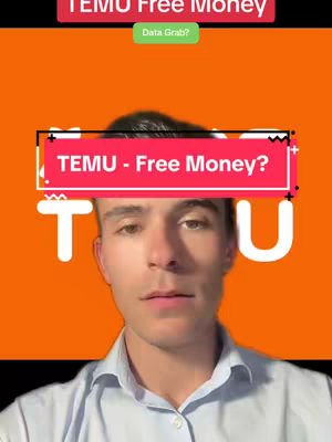 A young man with short dark hair and a collared shirt looks directly at the camera. The background is solid orange, and there are three text overlay elements: at the top, a banner that reads 'TEMU Free Money' in white text inside a red rectangle, a rectangular green button with 'Data Grab?' written on it and a rectangular pink box with 'TEMU - Free Money?'