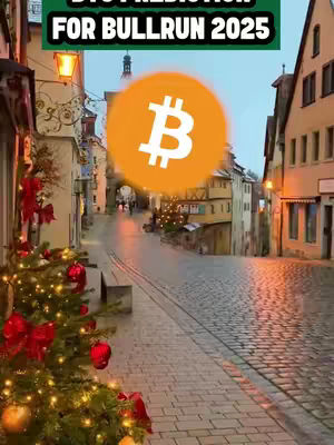 An urban scene focused on a cobbled street leading towards several buildings with a Bitcoin logo overlaid with text. A Christmas tree with red bows is prominent on the left, adding festive colors to the wintery atmosphere. The image uses a muted color palette, with a gradient of street and building colors.
