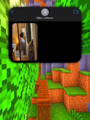 An image featuring an iPhone text bubble overlayed on top of a background made of Minecraft-like blocks. The text bubble displays another image of a person looking at something. The text bubble is labeled with a contact name, Dillon's Moma.