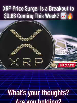 The cover image showcases a dark close-up shot of an XRP coin with the XRP logo prominently displayed. Above the coin, overlaid text asks if a breakout to $0.68 is coming this week, with a rising graph and flame icon. A stack of other coins is visible in the background, and a grid pattern underlies the text at the bottom, which asks 'What's your thoughts? Are you holding?' with a red 'UPDATE' box.