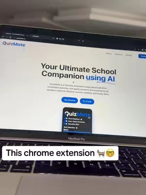 A laptop screen is the focal point, displaying a website for "QuizMate," positioned in the center. Below the screen is a keyboard. At the bottom is a white rectangular text overlay with the words, "This chrome extension." with an emoji. The image has a slightly upward angle.