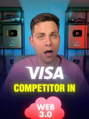 The cover image features a man with a surprised expression, centered in the frame. Above his head, a text overlay reads "VISA" in large, bold white letters. Below him, the text "COMPETITOR IN" is displayed in a vibrant yellow font. Adjacent to him is a red cloud with the text "WEB 3.0". The background includes shelves with gold and red YouTube play buttons and other objects.
