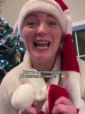A selfie-style video cover shows a woman with fair skin, smiling widely, wearing a white Santa hat trimmed with red and a white scarf. Text overlaid at the bottom reads, 'How to get those viral AI Christmas videos?' A partially visible Christmas tree with gold ornaments is on the left.