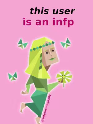 A digital illustration on a pink background. The central figure is a stylized person with geometric shapes for features, dressed in green and holding a flower. The text overlay says 'this user is an infp' in black font.