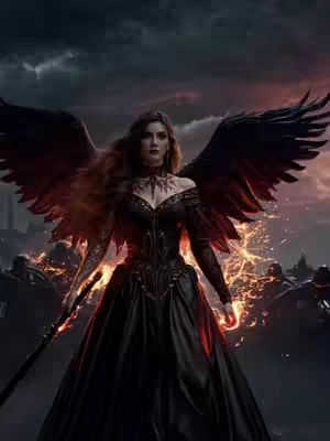 A digital art image of a woman with dark wings, a black dress, and a fiery background. The woman is centered, with long, flowing auburn hair, and a determined expression.