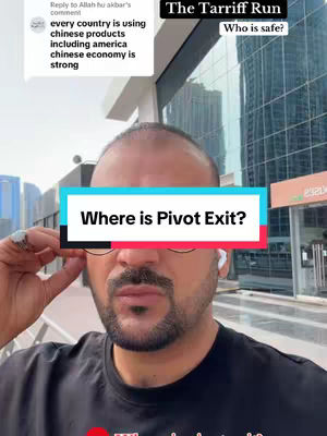A man in a black shirt stands in front of a building. Overlaid on the image is a colored rectangular box with the words 'Where is Pivot Exit?' in large, white font.