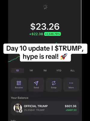 The cover image displays a mobile app interface with financial data. A white rectangle overlays the top with the text 'Day 10 update I $TRUMP, hype is real!'. The screen shows a balance of $23.26 with a positive gain. Below, there are buttons for actions like 'Receive' and 'Send'. Further down, there is a section showing 'OFFICIAL TRUMP' with a balance of $601.36. The background is dark with green accents.