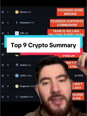 A man with a beard is holding his phone displaying a table of the top 9 cryptos. The man looks like is about to comment on the information written on the screen.