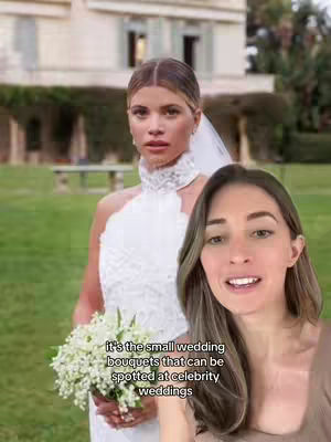 The cover image presents a split scene. On the left, it features a woman in a wedding dress, holding a bouquet of flowers. The background is a blurred outdoor setting with a building. On the right, a woman in a brown top is speaking, directly facing the camera. Text overlayed reads, 'it's the small wedding bouquets that can be spotted at celebrity weddings'.