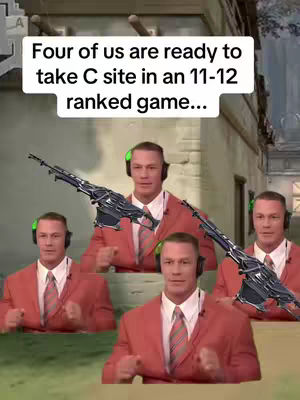 The image is composed of a white rectangular text box at the top, superimposed on a background that appears to be a building with various figures. The text box contains the words, 'Four of us are ready to take C site in an 11-12 ranked game...'. Below it, there are several identical figures of a man dressed in a red blazer, white shirt, and tie, looking directly forward. Each figure is positioned in different parts of this building-themed background. The primary colors are red, white, and the neutral tones of the building and background. There are also guns.