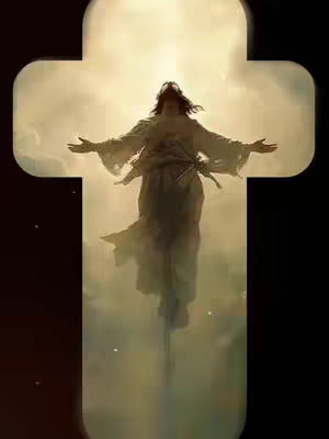 An artistic image of Jesus Christ depicted with arms outstretched, ascending within a cross-shaped frame. The light is dramatic, with a golden glow emanating from above, suggesting a divine presence.