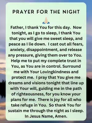The cover image displays a white card with a prayer, set against a subtly blurred background of a sunset or sunrise. The card features centered text in a clean, legible font, with the title "PRAYER FOR THE NIGHT" at the top. The prayer text occupies the majority of the space, with a set of praying hands icon above the text. The background has soft gradients of orange, blue, and purple, suggesting a time near dawn or dusk.