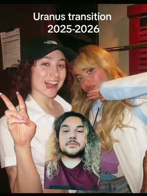 A cover image featuring three individuals. At the center is a portrait of a man with wavy hair and a beard. To the left, a woman is making a peace sign with her fingers and has her tongue out. To the right of the central portrait, another woman poses, with her hand on her chin. The background is dark with what seems to be some sort of red structure.