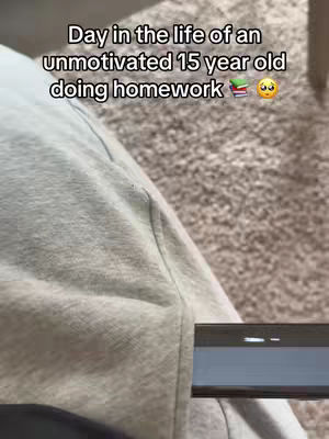 The image shows a person's grey sweatpants and part of their torso with a rug in the background, the text overlayed on the image says 'Day in the life of an unmotivated 15 year old doing homework'. There is also a small screen at the bottom right of the image that appears to be a computer or phone.
