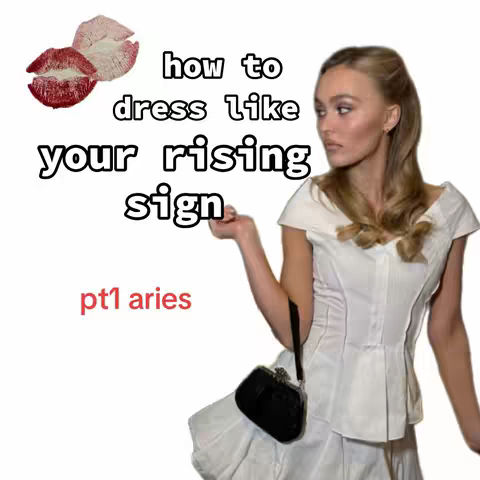 The image features a woman in a white dress holding a small black purse, with overlaid text including "how to dress like your rising sign" and "pt1 aries," accompanied by lip prints.
