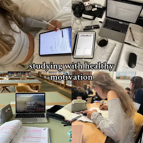A collage of study-related scenes. The top left shows a person on a bed using a tablet, the top right features a desk with a laptop and books. Middle sections show study materials. The bottom left shows a library and the bottom right shows a person studying at a table.
