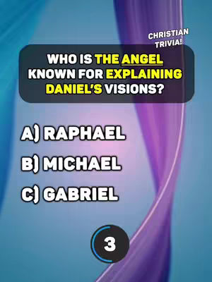 A trivia game cover featuring a blue and purple gradient background with a central question overlaid in a textured black box. The question asks about a biblical angel and includes answer choices A, B, and C. A numbered countdown timer sits at the bottom.