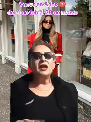 The cover image shows two women superimposed, with the primary focus on a woman with dark sunglasses in front. Text reads 'Venus en Aries' and a date range. The background features a woman with sunglasses and a red blazer.