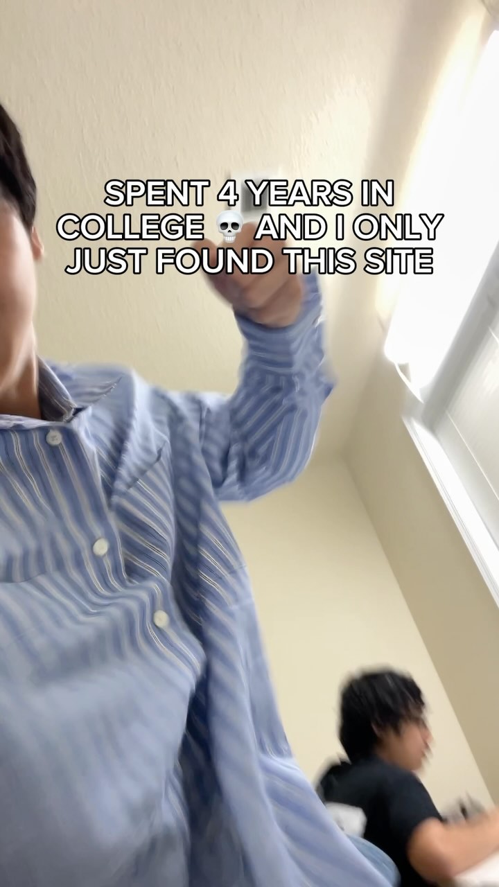 The cover image shows a low-angle shot of a person in what appears to be a dorm room or office. The person, dressed in a blue and white striped button-up shirt, is partially visible, with their arm raised towards the top of the frame. The background is a light beige wall, and along the right edge, there's an indication of a window or a light source. There is a second person in the background.