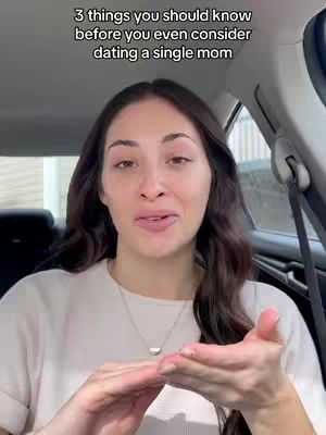 A woman sits in a car, looking towards the camera with a thoughtful expression. Text at the top says, "3 things you should know before you even consider dating a single mom."