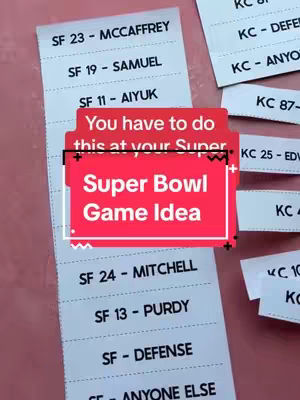 The cover image displays a pink background with several white rectangular labels. Some labels list the names of NFL players and their jersey numbers, and other labels containing text relating to a game idea over a red box. The text overlay reads 'You have to do this at your Super'. The overall composition is simple and informative, ideal for conveying information quickly.