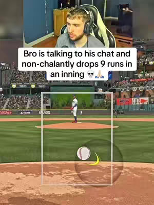 The cover image shows a split-screen view combining a live stream of a male gamer with gameplay from a baseball video game. In the top half, the streamer, wearing headphones, is seated and talking. The bottom half displays the game environment with a baseball field, a pitcher, and a batter. Overlaid text provides commentary.