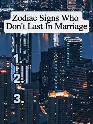 An aerial view of a cityscape at night, illuminated with lights from buildings, resembling a grid or cityscape. A white rectangular text box at the top center displays the text "Zodiac Signs Who Don't Last In Marriage". Below, a list numbered 1-3 is visible, the numbers in white and with an outline.