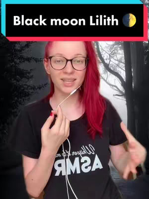 A woman with bright red hair and glasses stands in front of a blurry, dark background. She is wearing a black t-shirt and speaking while holding a microphone. Text overlay includes "Black moon Lilith."