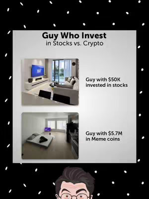 The image is a side-by-side comparison, set against a black background speckled with white dots. The upper part features a modern living room setting with a TV and a person relaxing on a couch, representing the "Guy Who Invests in Stocks." The lower section shows a minimalist, empty room with what appears to be a bed and a small screen, symbolizing "Guy with $5.7M in Meme coins." The top center of the image has the title text "Guy Who Invests in Stocks vs. Crypto." At the bottom is a cartoon caricature's face.